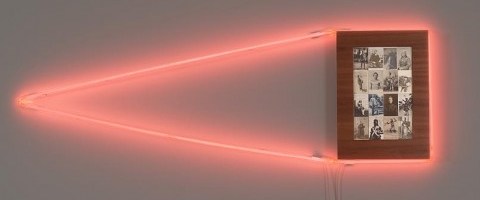 Brook Andrew, Men 2011, rare postcards, sapele and neon, Courtesy the artist and Tolarno Galleries, Melbourne Photography: Christian Capurro